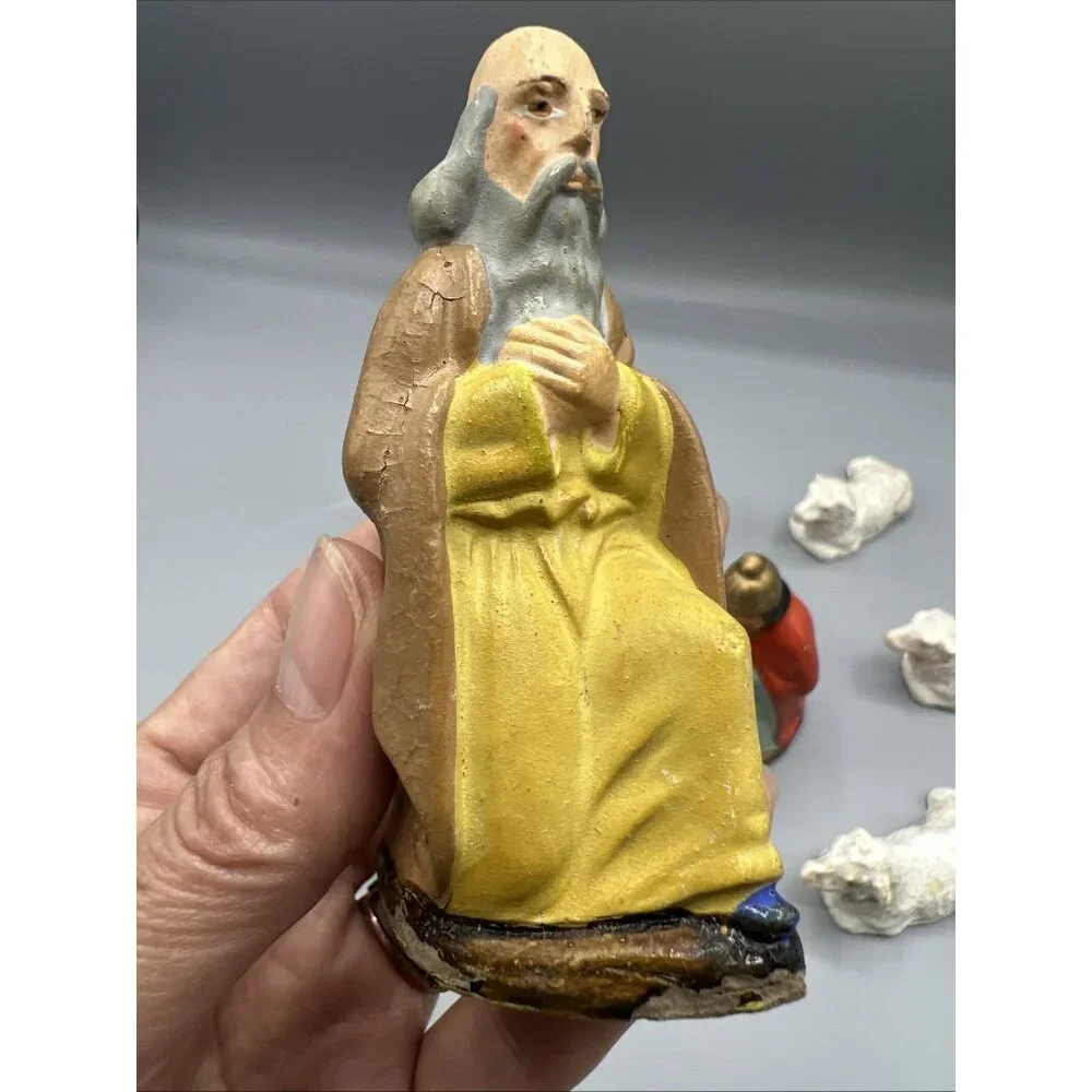 Vtg German Papier-Mâché Nativity 7 Pieces Christmas Lambs Magi Mary Old w/ Wear